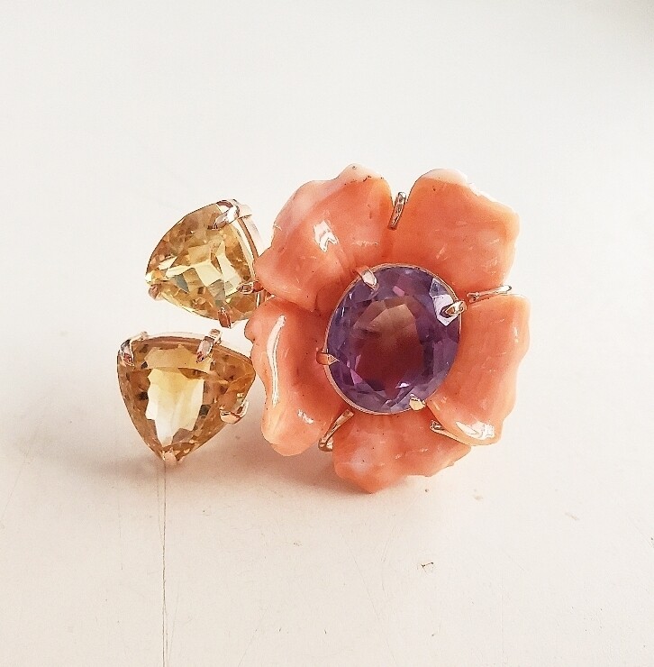 Anello di corallo cerasuolo, ametista e citrini