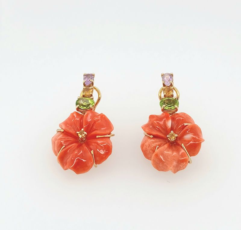 Fiori corallo cerasuolo con tre pietre,  peridoti,  citrini,  ametiste e argento