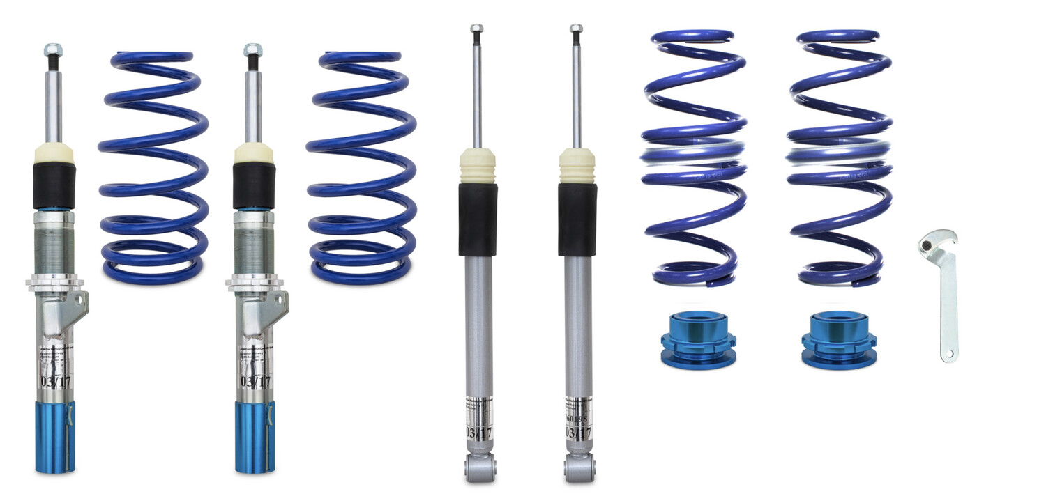 BlueLine schroefset voor A3 (GY) 2020 -  Audi A3 (GY) 35 TFSI/ 40 TFSI/ 30 TDI/ 35 TDI/ 40 TDI, 2020-, (A) alleen geschikt voor modellen met starre achteras link (torsie), schroefdraad/veer