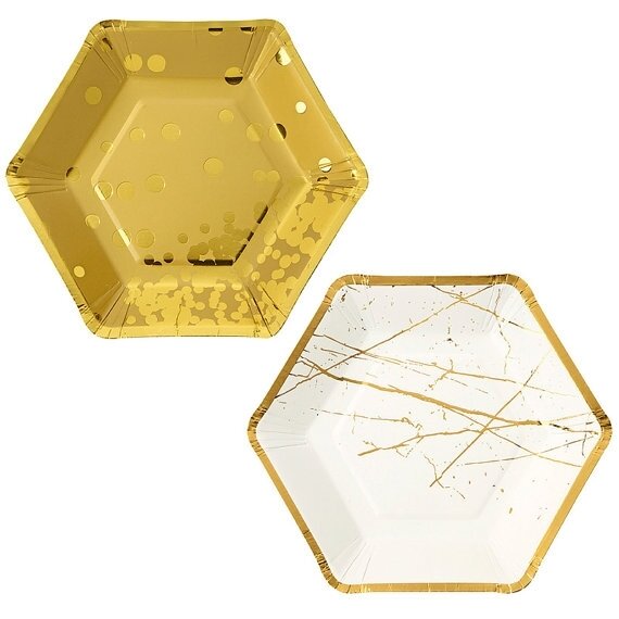 8 Paper Plates - Hexagonal Gold and White