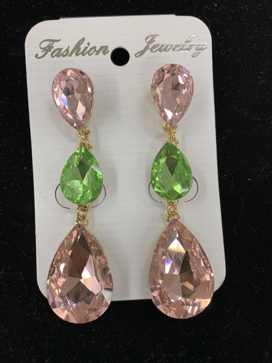 Formal Earrings Light Pink with Green Three Teardrop