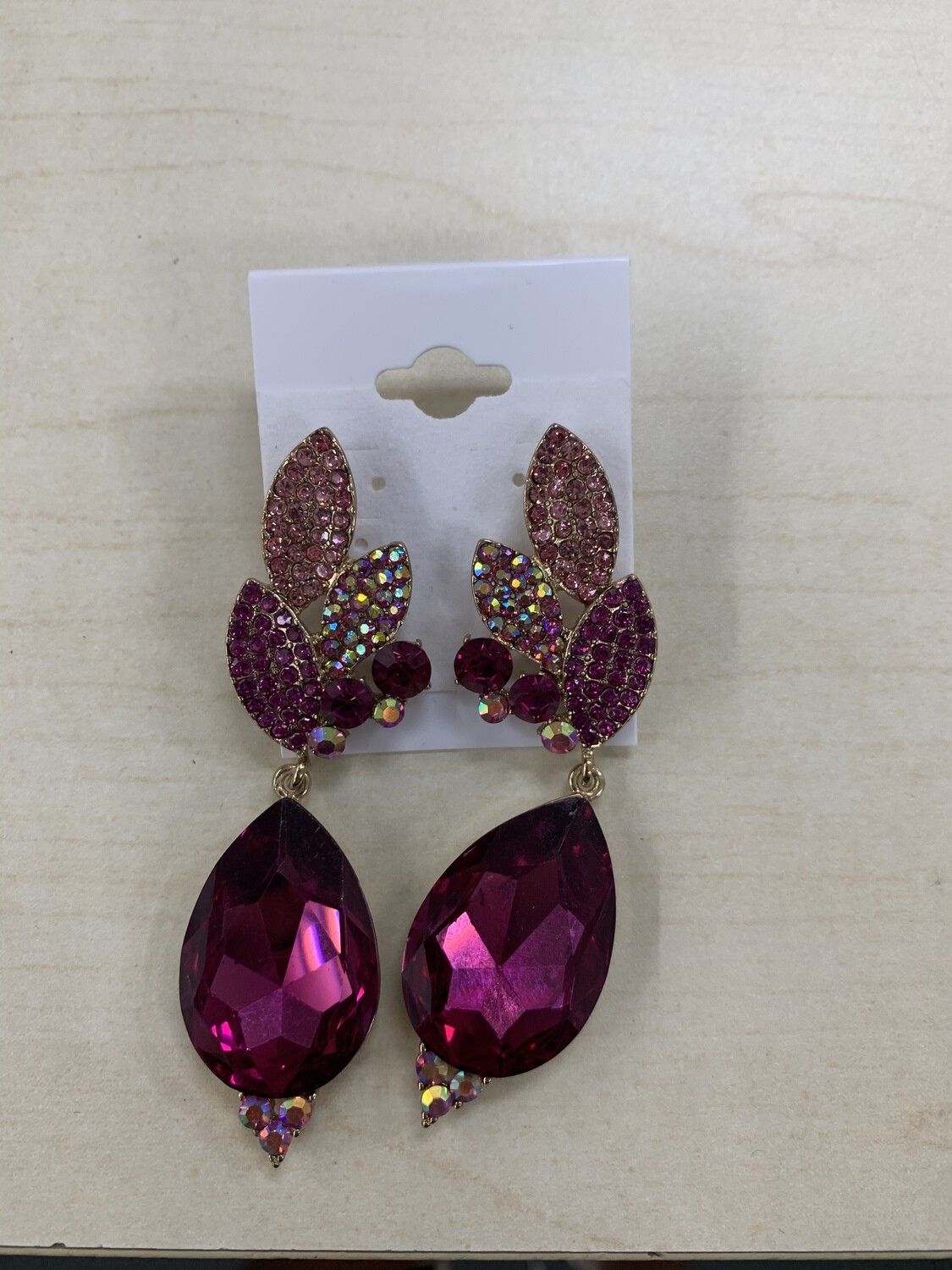 Formal Earrings Hot Pink Gold Leafy Teardrop