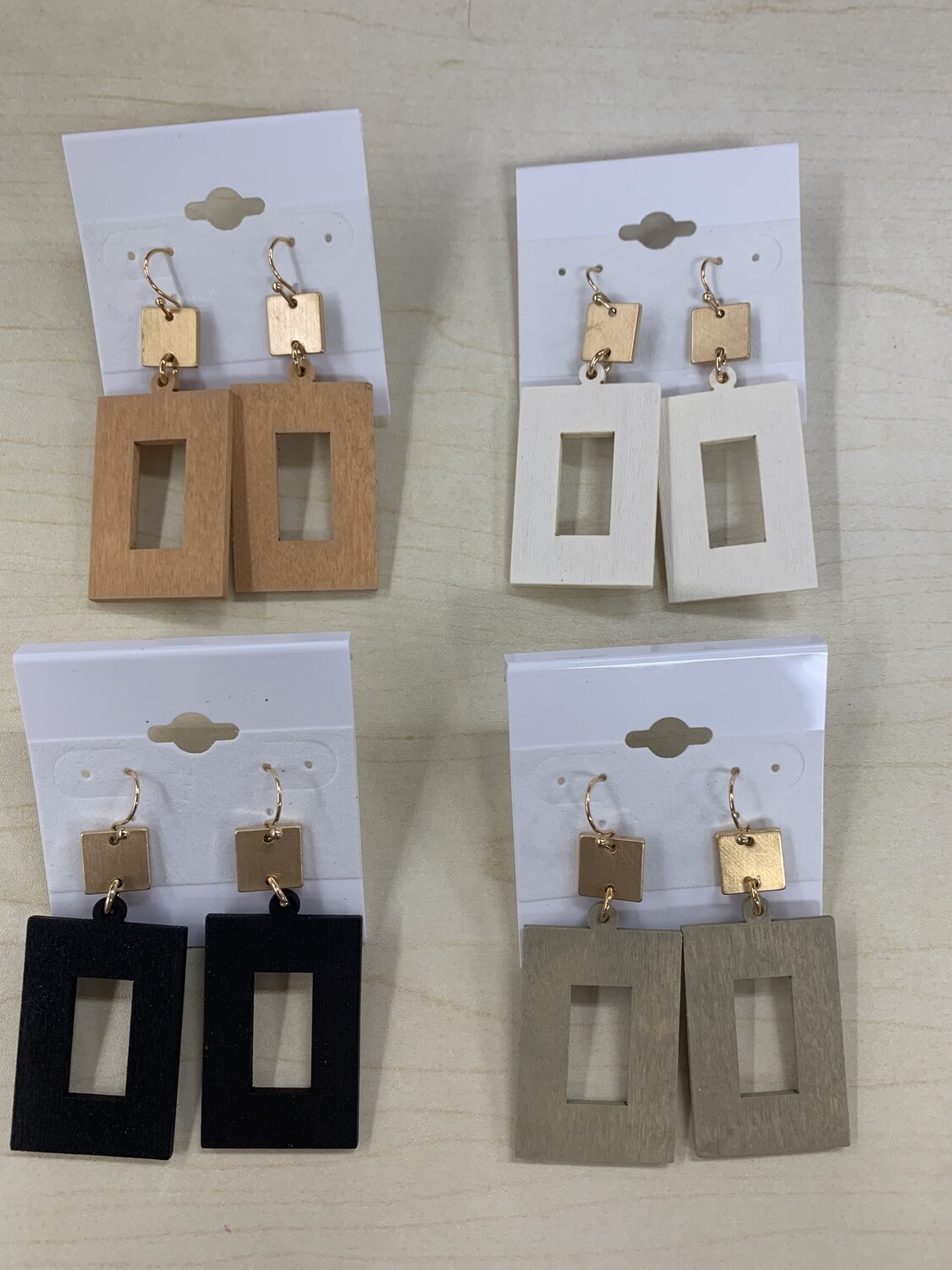 Wood Open Rectangle Gold Earrings
