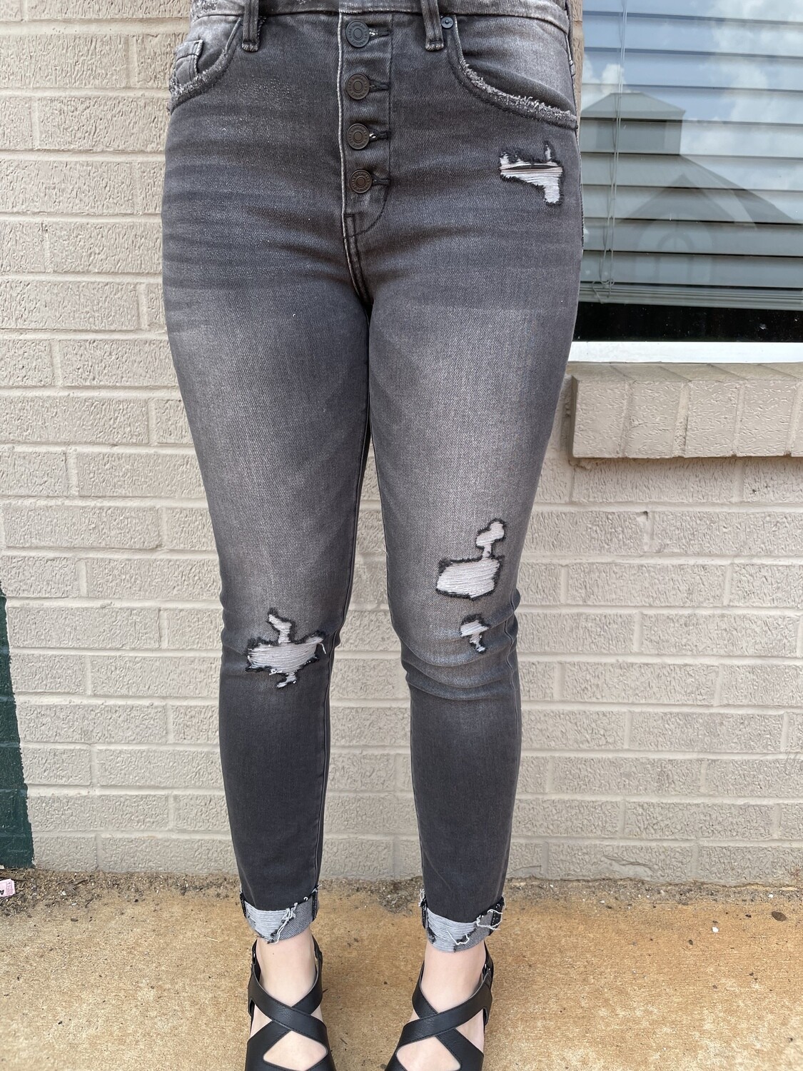 High Button Faded Black Distressed Jeans