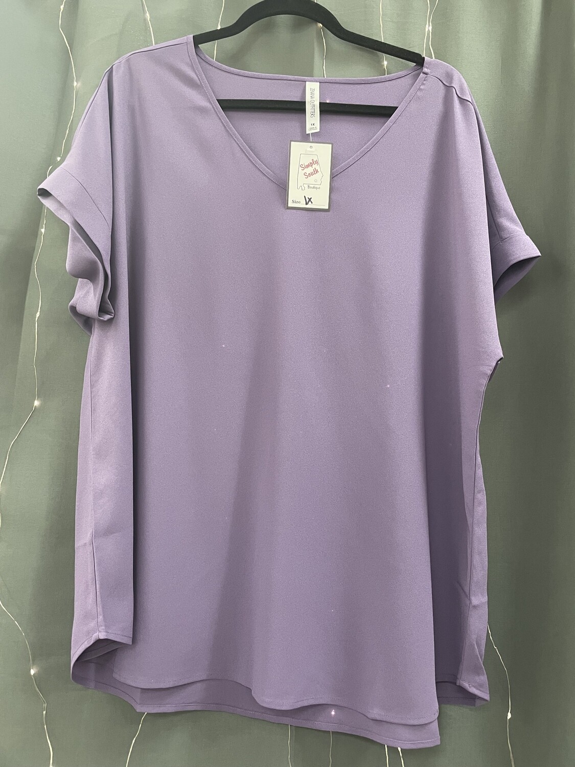 Woven Solid Rolled Sleeve V-Neck Top (Plus)