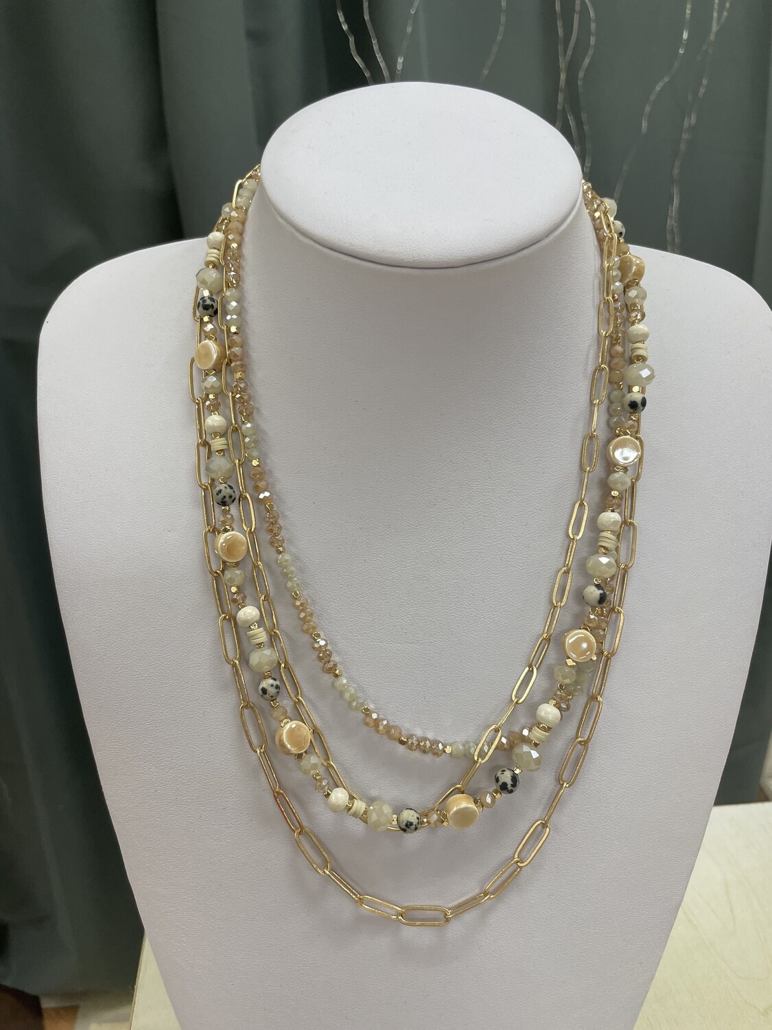 Four Layer Necklace Gold Chain Beaded Tan