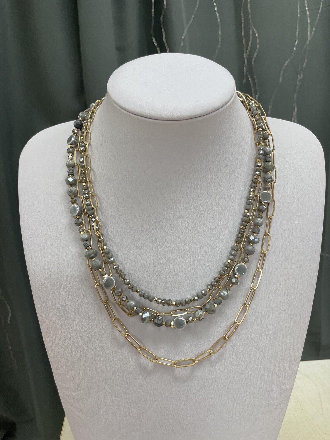 Four Layer Necklace Gold Chain Beaded Gray
