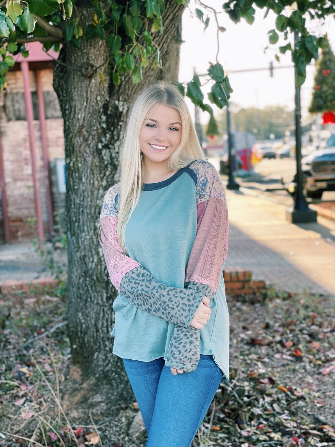 Dusty Teal Floral Colorblock Long Sleeve Top