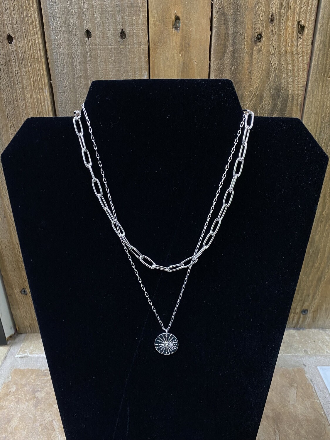 Silver Double Layer Necklace with Circle Sun