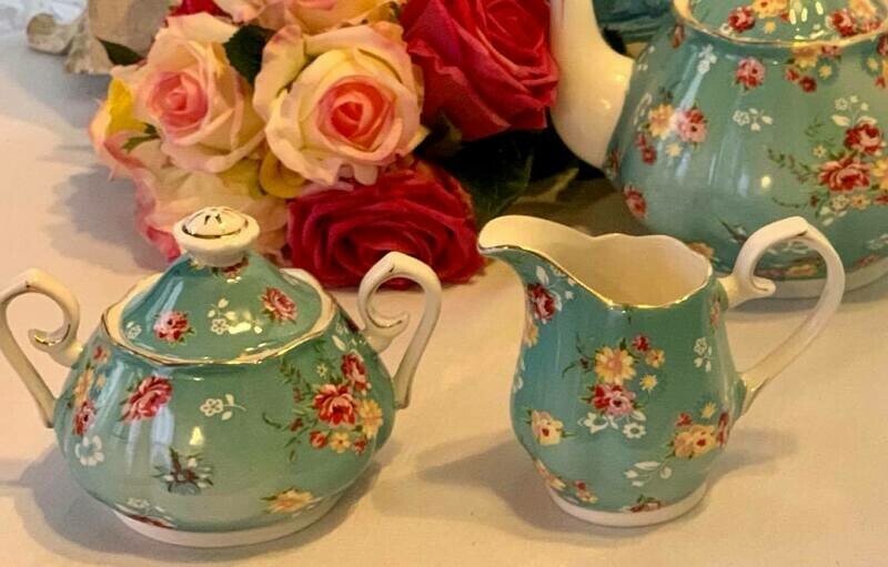 Shabby Rose Aqua Creamer and Sugar
