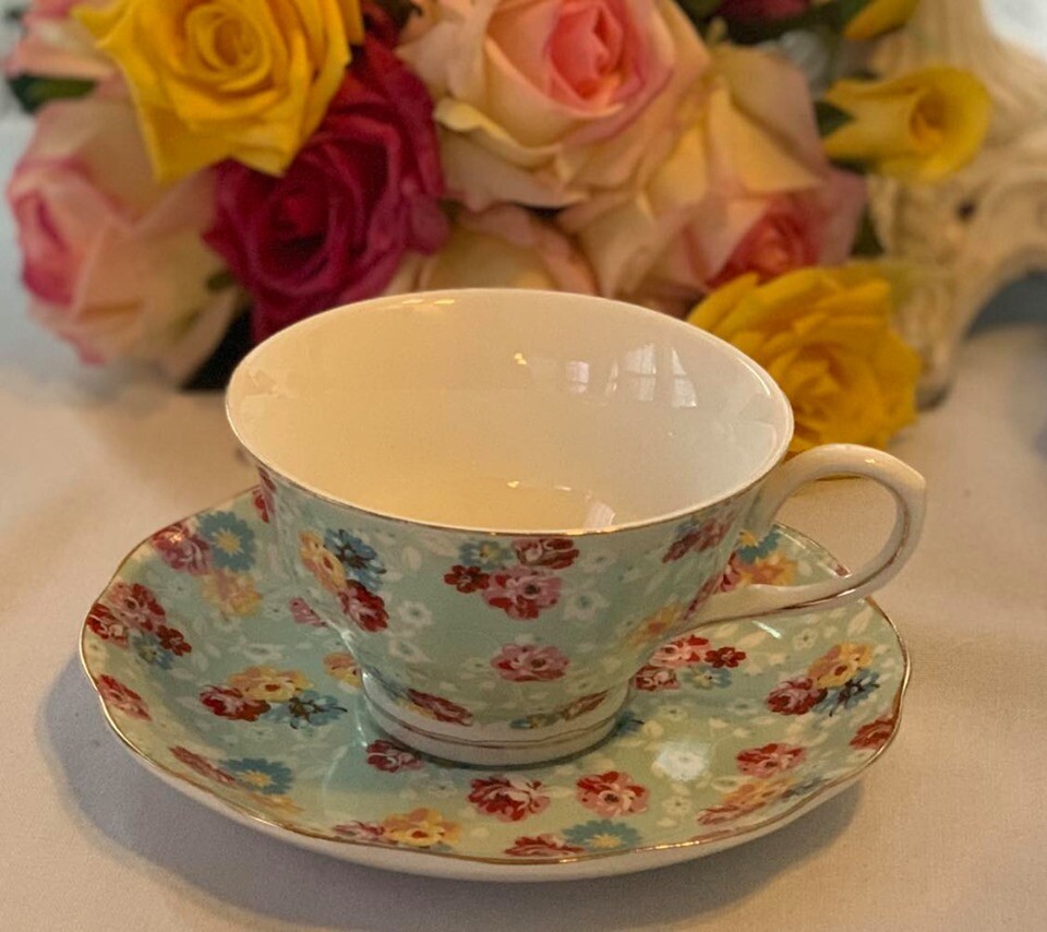 Shabby Rose Sky Blue Cup and Saucer