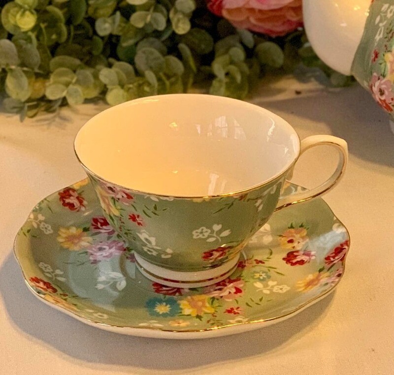 Shabby Rose Green Cup and Saucer