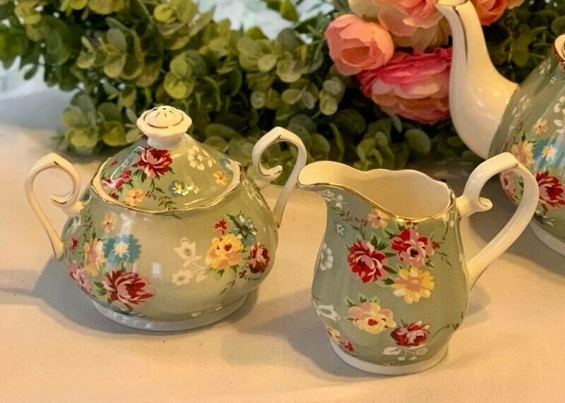 Shabby Rose Green Creamer and Sugar
