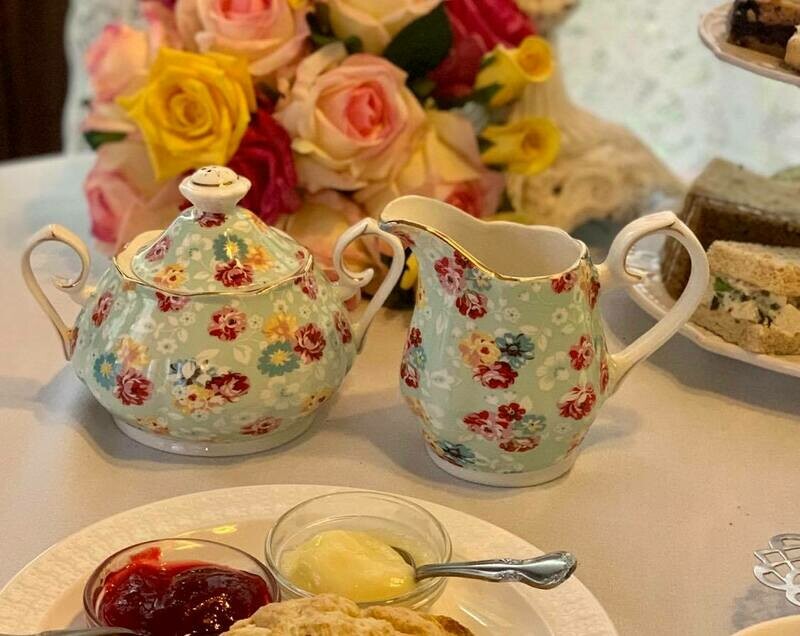 Shabby Rose Sky Blue Creamer and Sugar