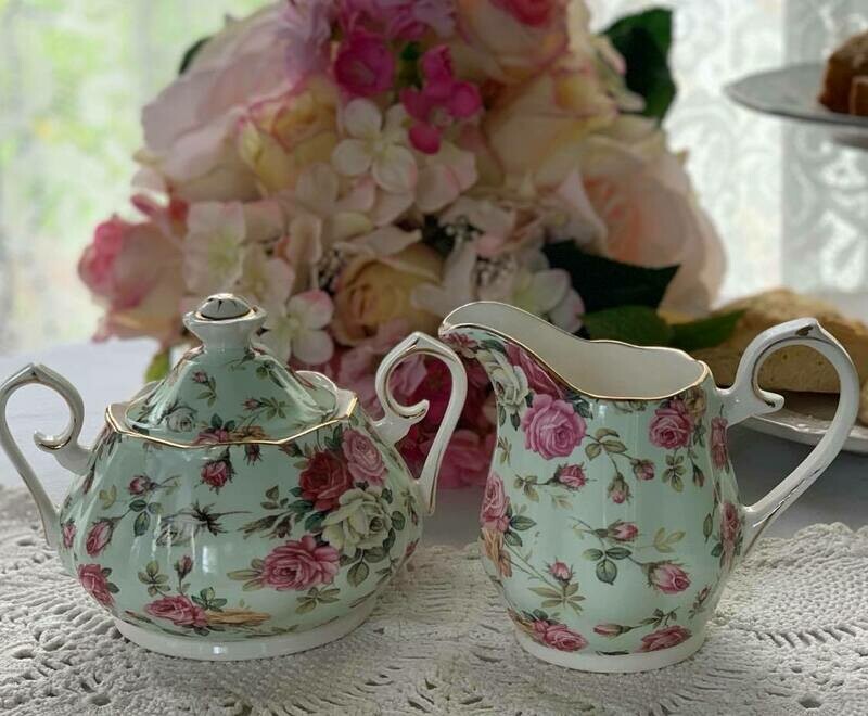 Rose Chintz Mint Cream and Sugar