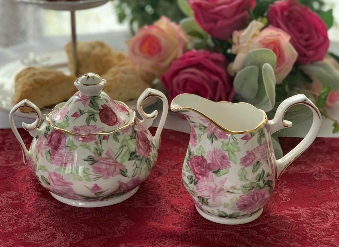 Rose Chintz Ivory Cream and Sugar