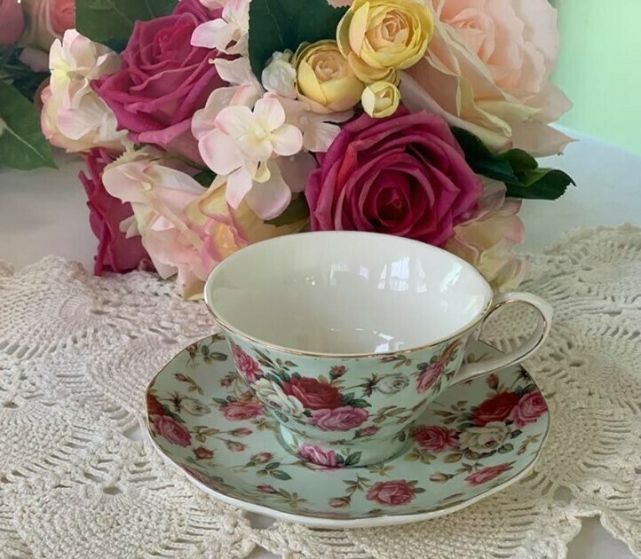 Rose Chintz Mint Cup and Saucer