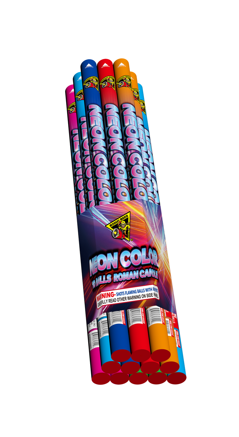 NEON COLOR 10 BALL ROMAN CANDLE - (12/12)