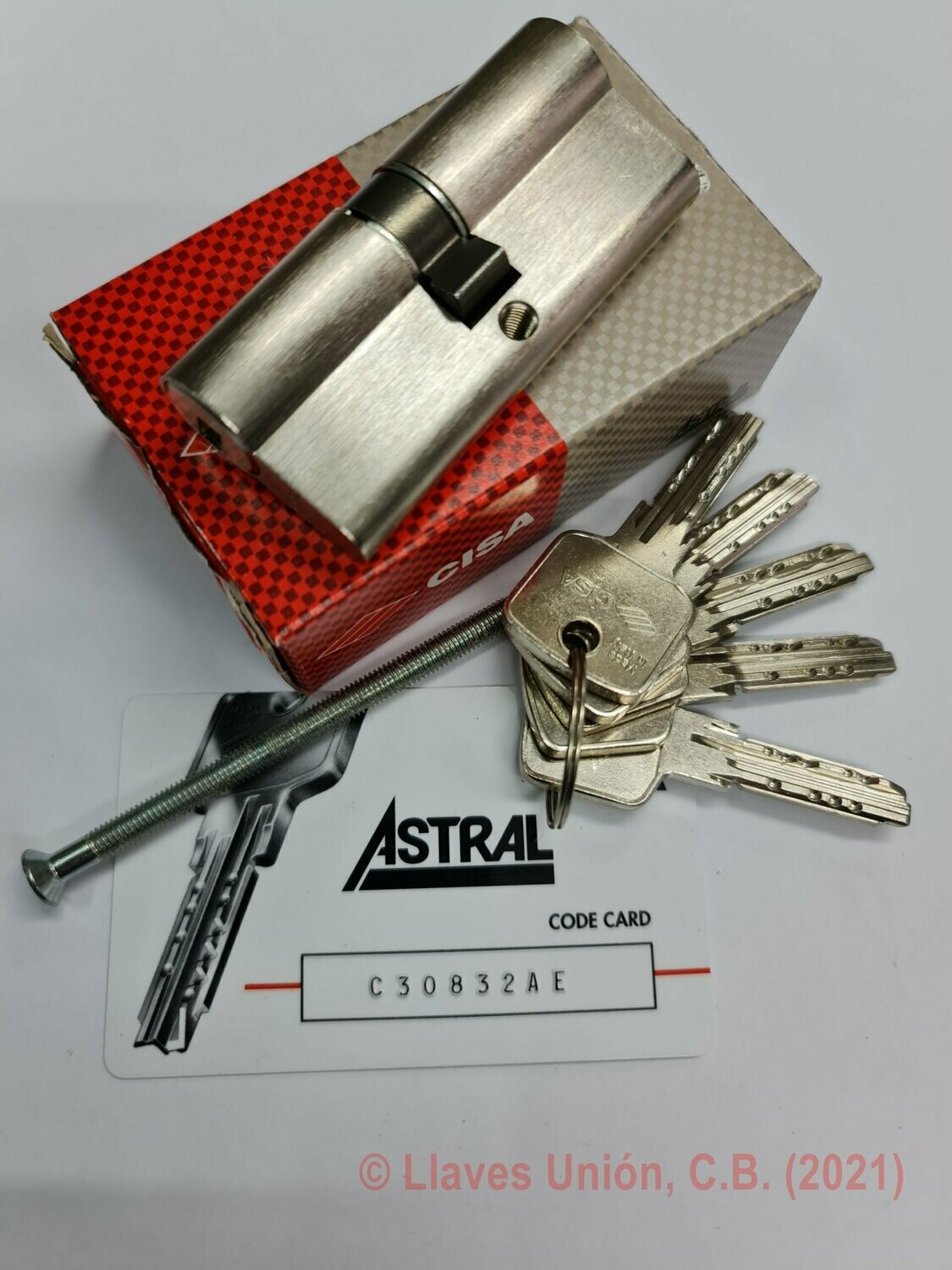 Cilindro CISA ASTRAL M10 35x35 mm. Niquelado. Llave Seguridad. Leva Larga