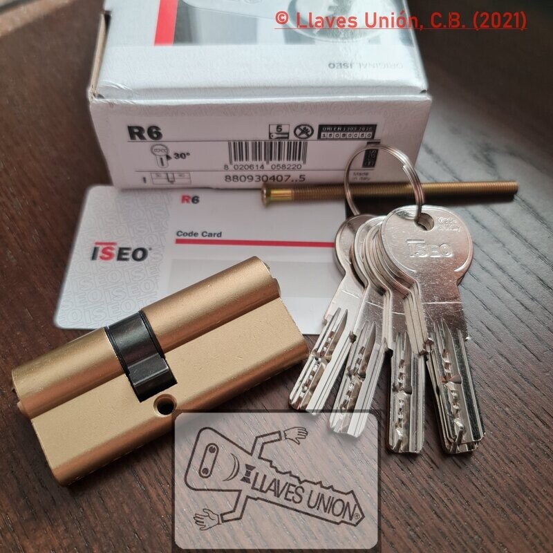 Cilindro ISEO R6 30x40 mm. Latonado. Llave Seguridad. Leva Larga. Llaves Iguales