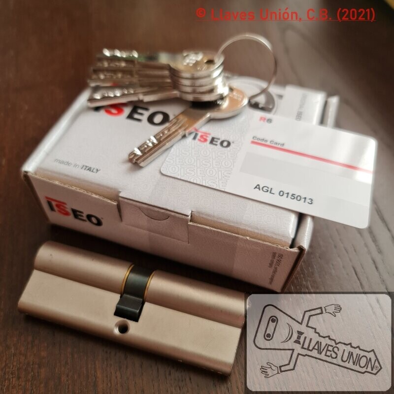 Cilindro ISEO R6 45x45 mm. Niquelado. Llave Seguridad. Leva Larga