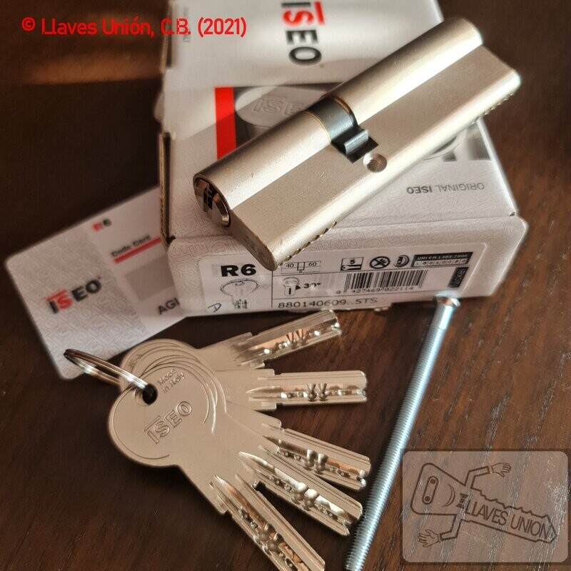 Cilindro ISEO R6 40x60 mm. Niquelado. Llave Seguridad. Leva Corta