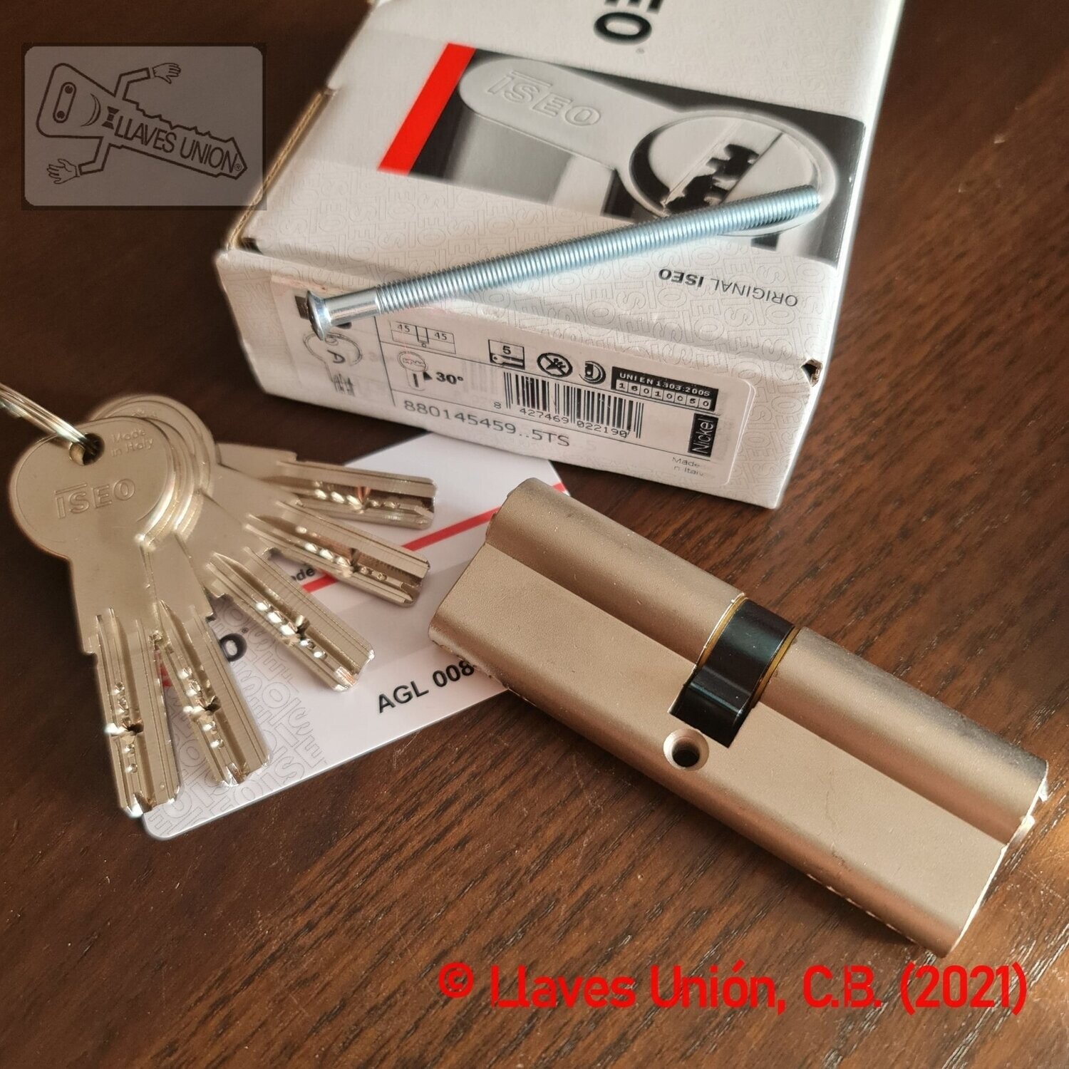 Cilindro ISEO R6 45x45 mm. Niquelado. Llave Seguridad. Leva Corta