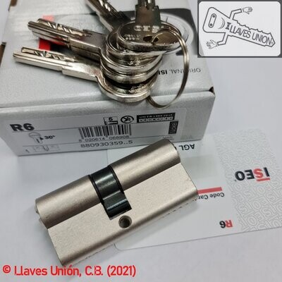 Cilindro ISEO R6 30x35 mm. Niquelado. Llave Seguridad. Leva Larga