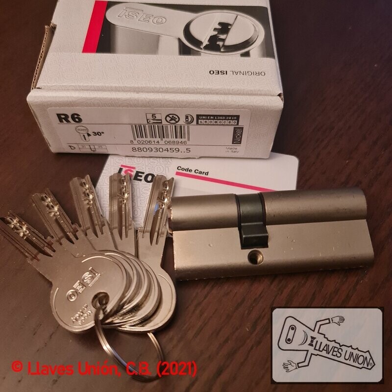 Cilindro ISEO R6 30x45 mm. Niquelado. Llave Seguridad. Leva Larga