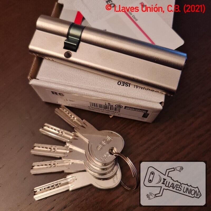 Cilindro ISEO R6 30x80 mm. Niquelado. Llave Seguridad. Leva Larga