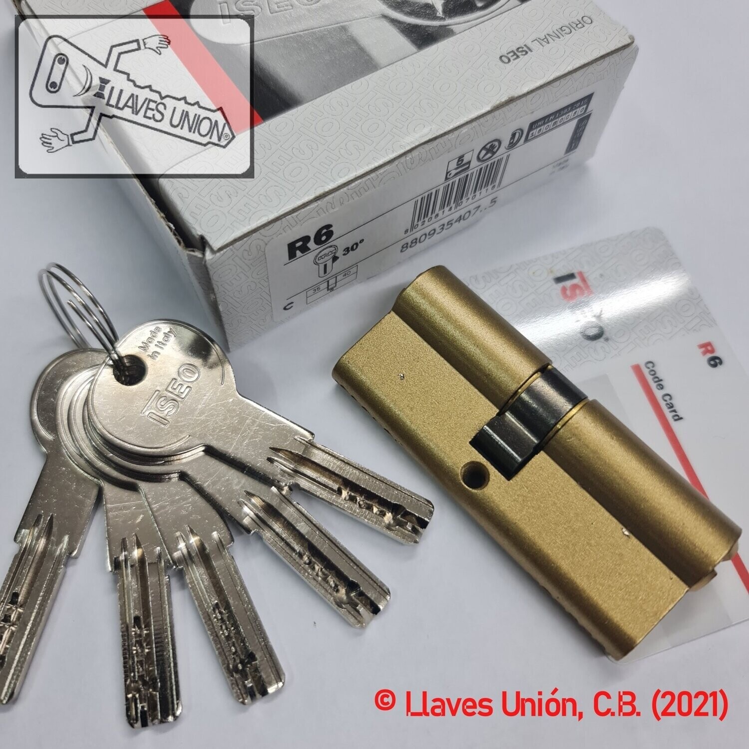 Cilindro ISEO R6 35x40 mm. Latonado. Llave Seguridad. Leva Larga