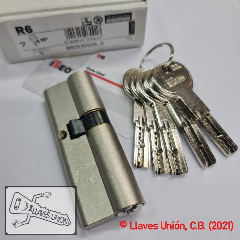 Cilindro ISEO R6 35x50 mm. Niquelado. Llave Seguridad. Leva Larga