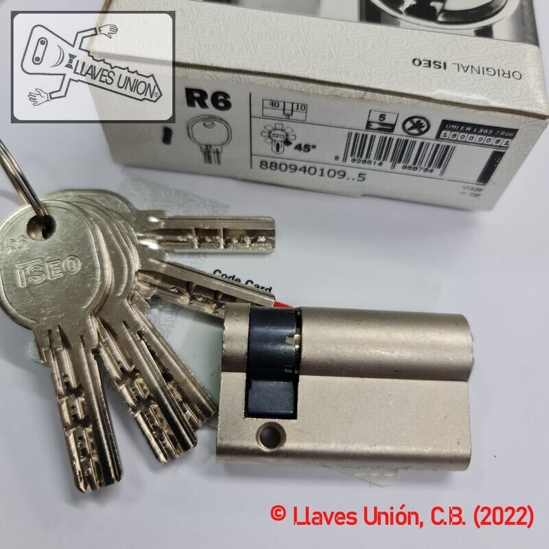 Cilindro ISEO R6 40x10 mm. Niquelado. Llave Seguridad. Leva Larga