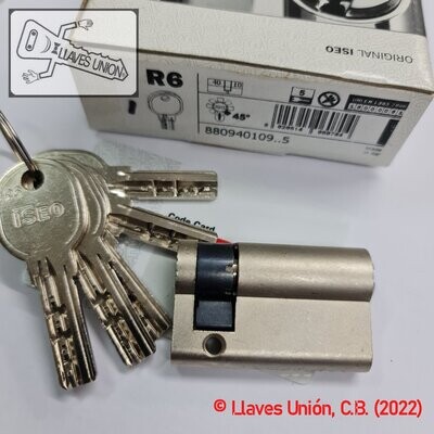 Cilindro ISEO R6 40x10 mm. Niquelado. Llave Seguridad. Leva Larga