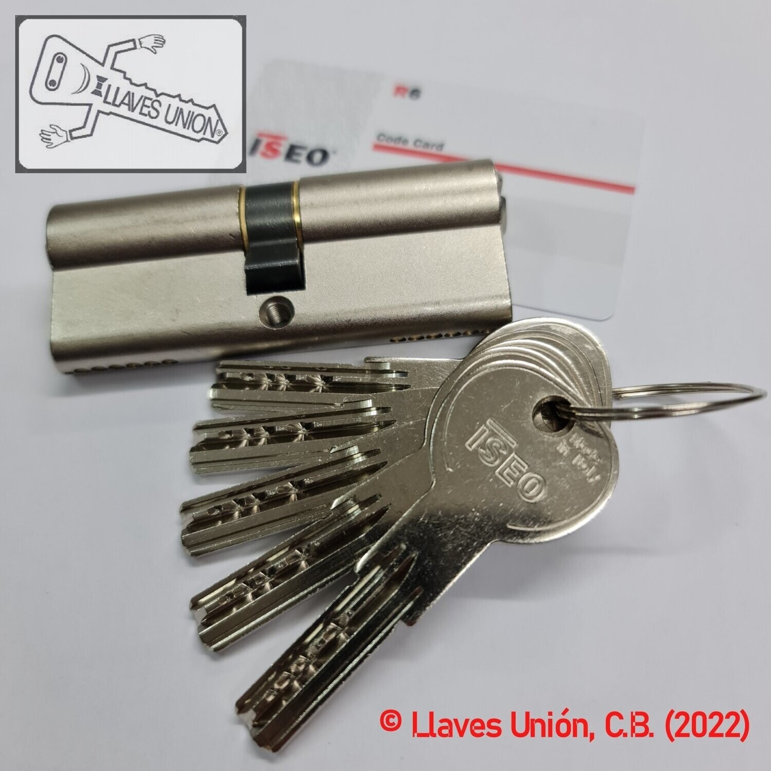 Cilindro ISEO R6 40x40 mm. Niquelado. Llave Seguridad. Leva Larga