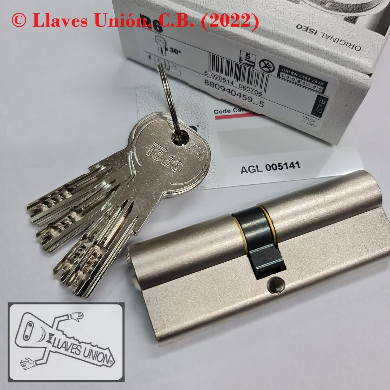 Cilindro ISEO R6 40x45 mm. Niquelado. Llave Seguridad. Leva Larga