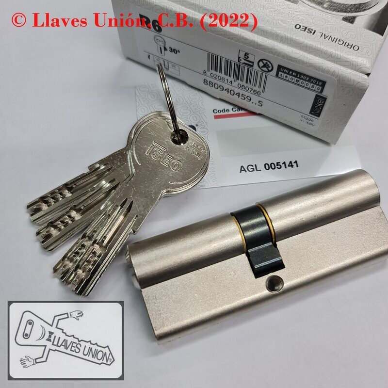 Cilindro ISEO R6 40x45 mm. Niquelado. Llave Seguridad. Leva Larga