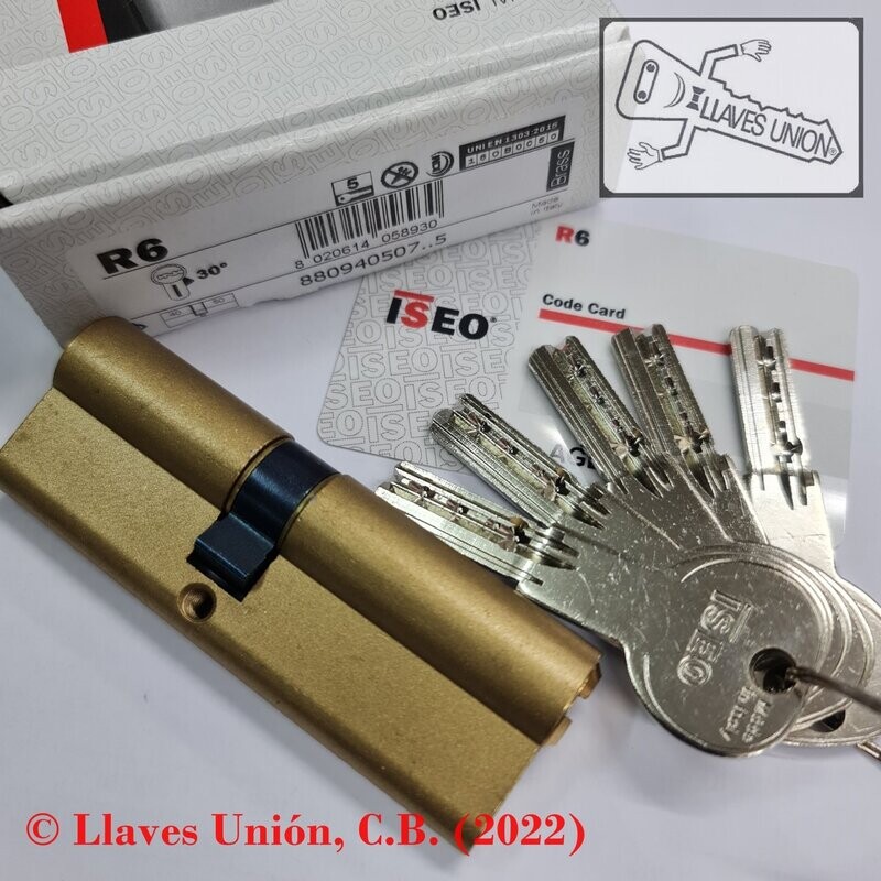 Cilindro ISEO R6 40x50 mm. Latonado. Llave Seguridad. Leva Larga