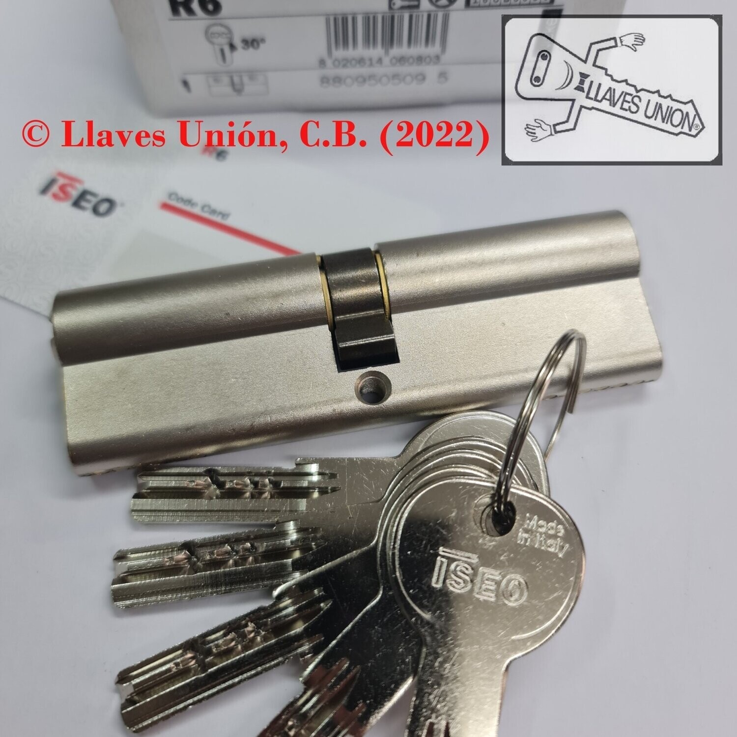 Cilindro ISEO R6 50x50 mm. Niquelado. Llave Seguridad. Leva Larga