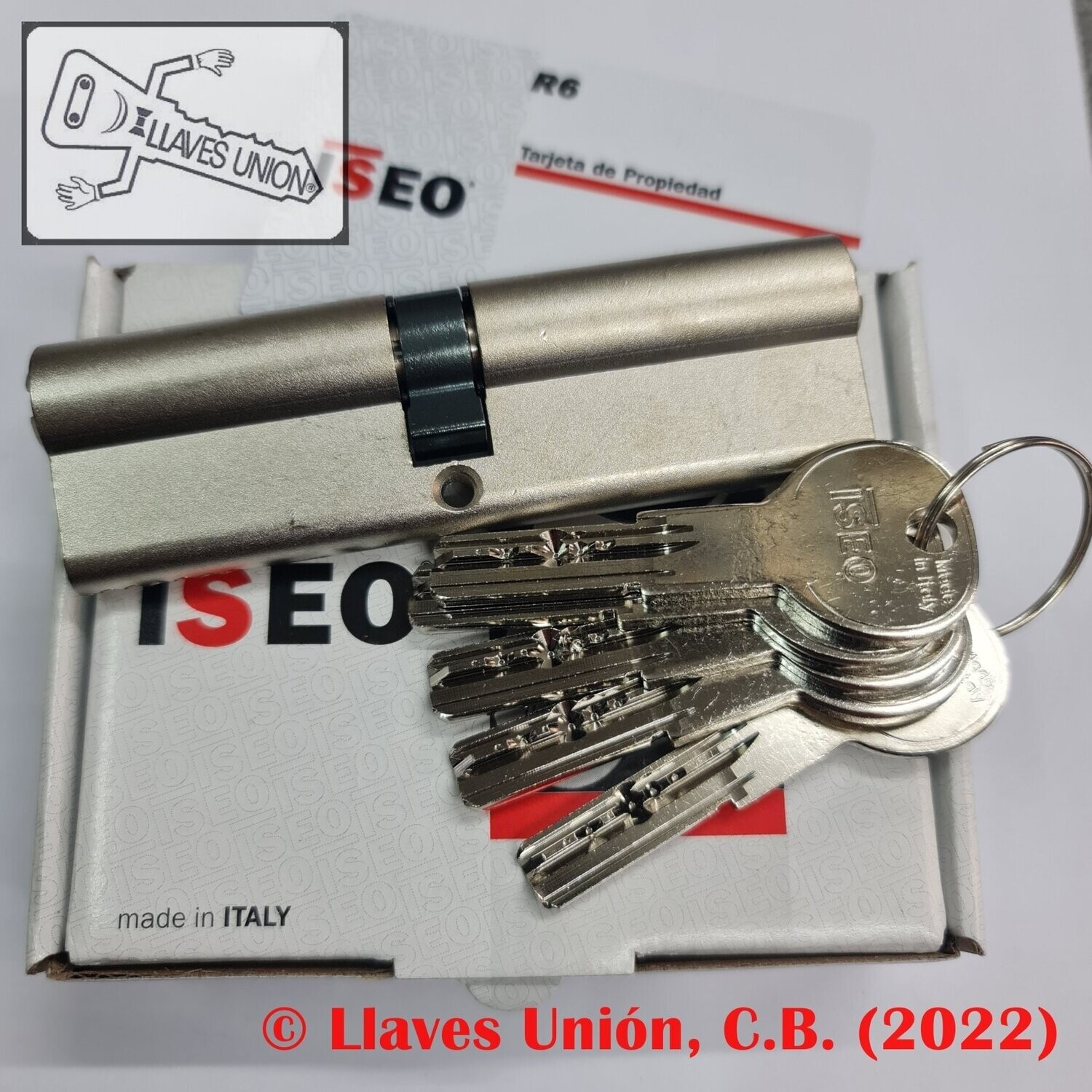 Cilindro ISEO R6 50x55 mm. Niquelado. Llave Seguridad. Leva Larga