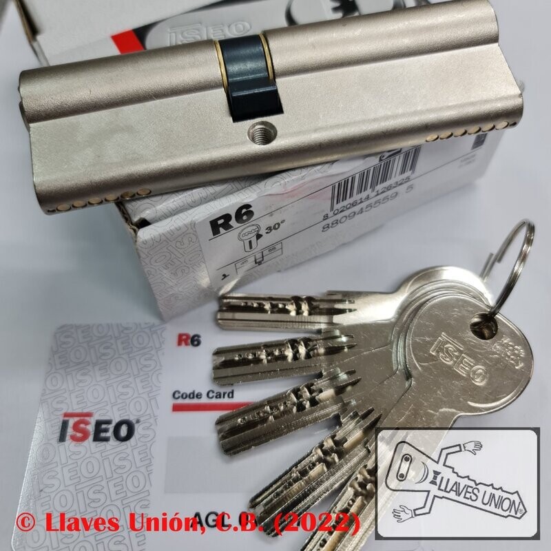 Cilindro ISEO R6 45x55 mm. Niquelado. Llave Seguridad. Leva Larga