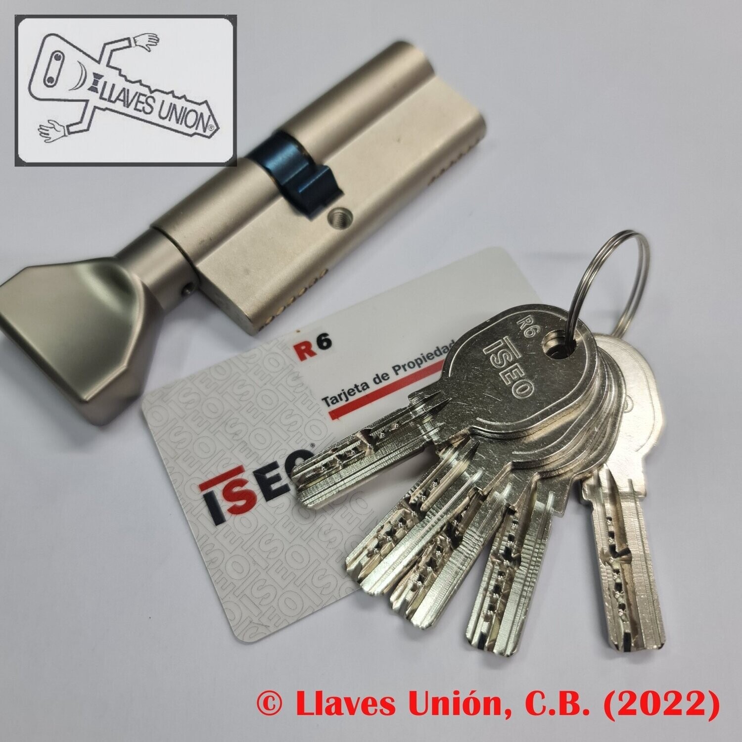 Cilindro ISEO R6 30x45 mm. Niquelado. Llave Seguridad. Pomo 30. Leva Larga