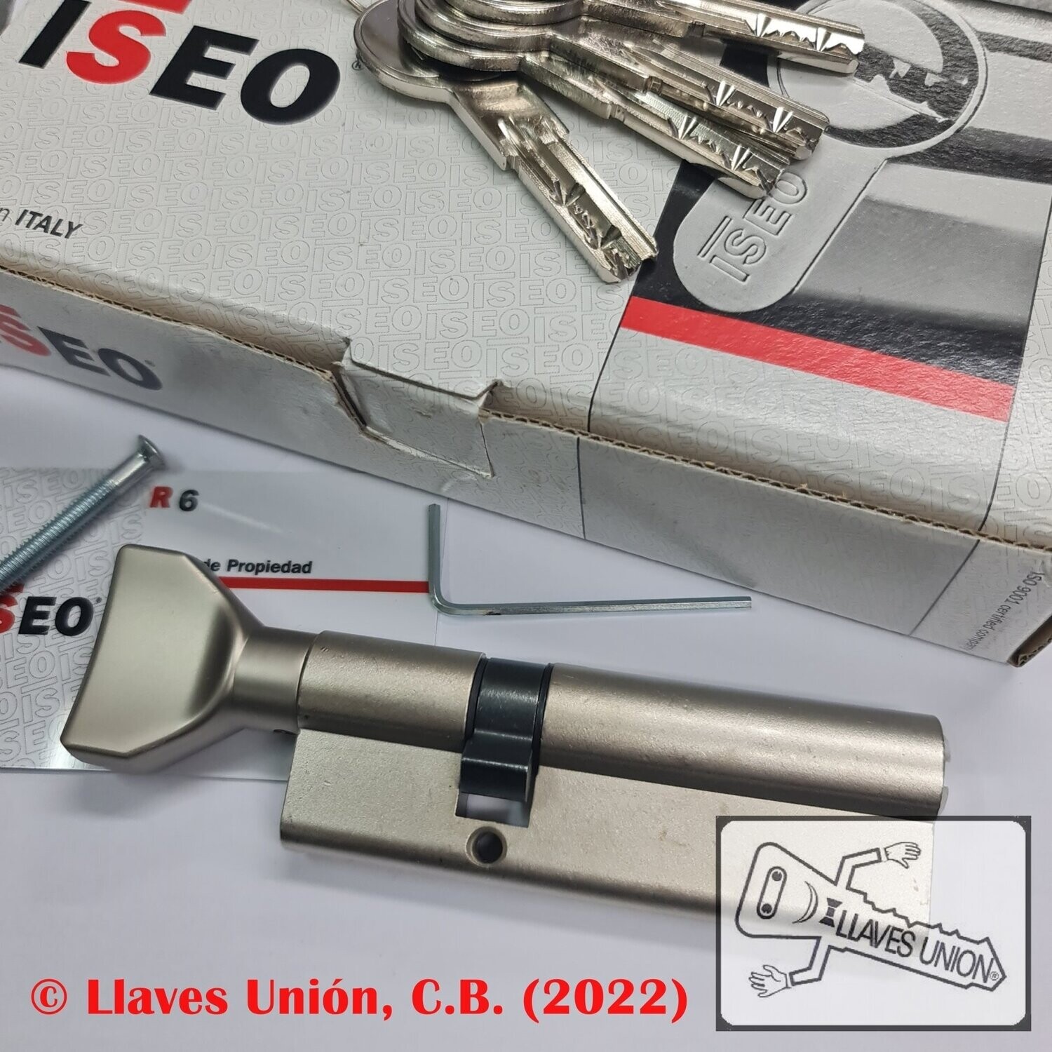 Cilindro ISEO R6 30x60 mm. Niquelado. Llave Seguridad. Pomo 30. Leva Larga