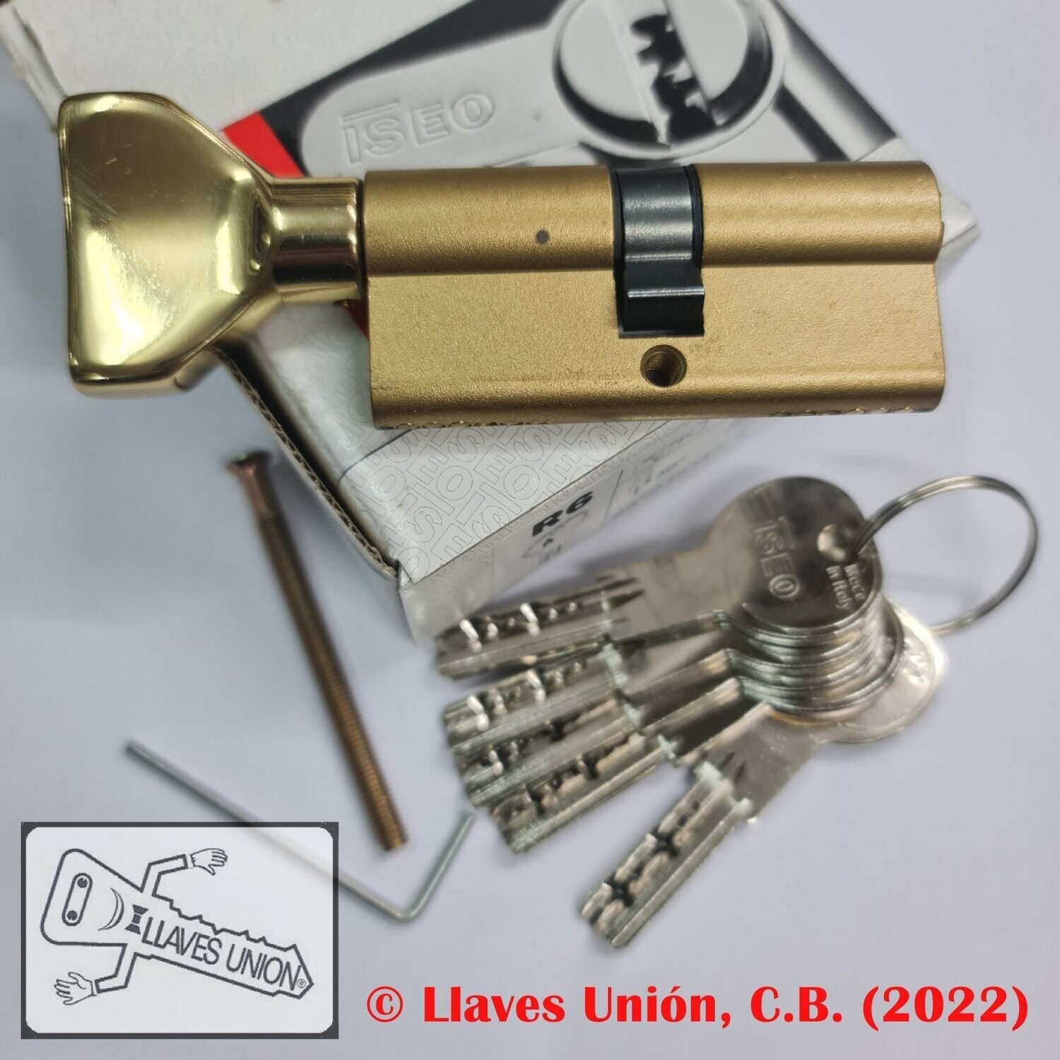 Cilindro ISEO R6 35x35 mm. Latonado. Llave Seguridad. Pomo 35. Leva Larga