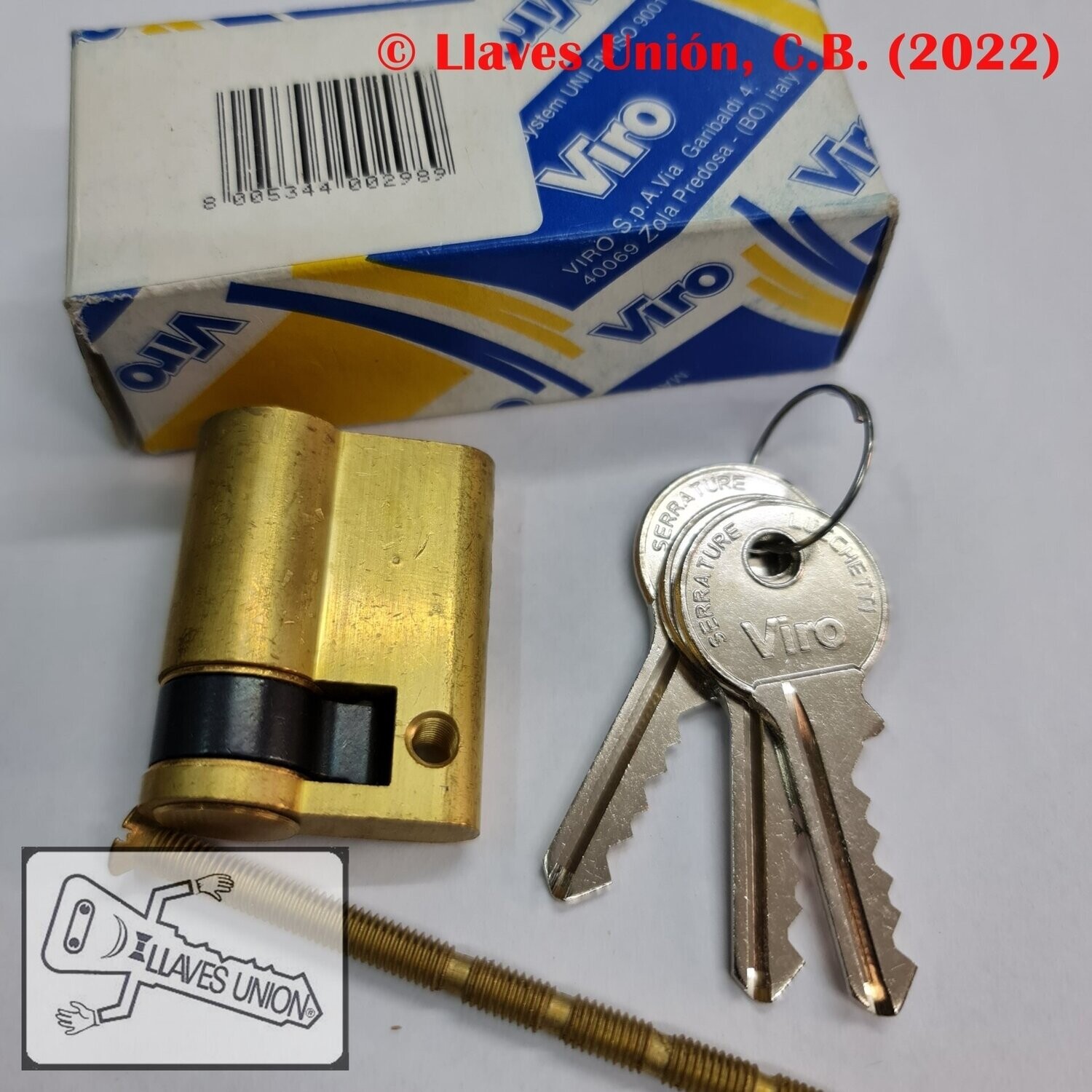 Cilindro VIRO 772 30x10 mm. Latonado. Llave Serreta. Leva Larga
