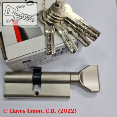 Cilindro ISEO R6 40x40 mm. Niquelado. Llave Seguridad. Pomo 40. Leva Larga