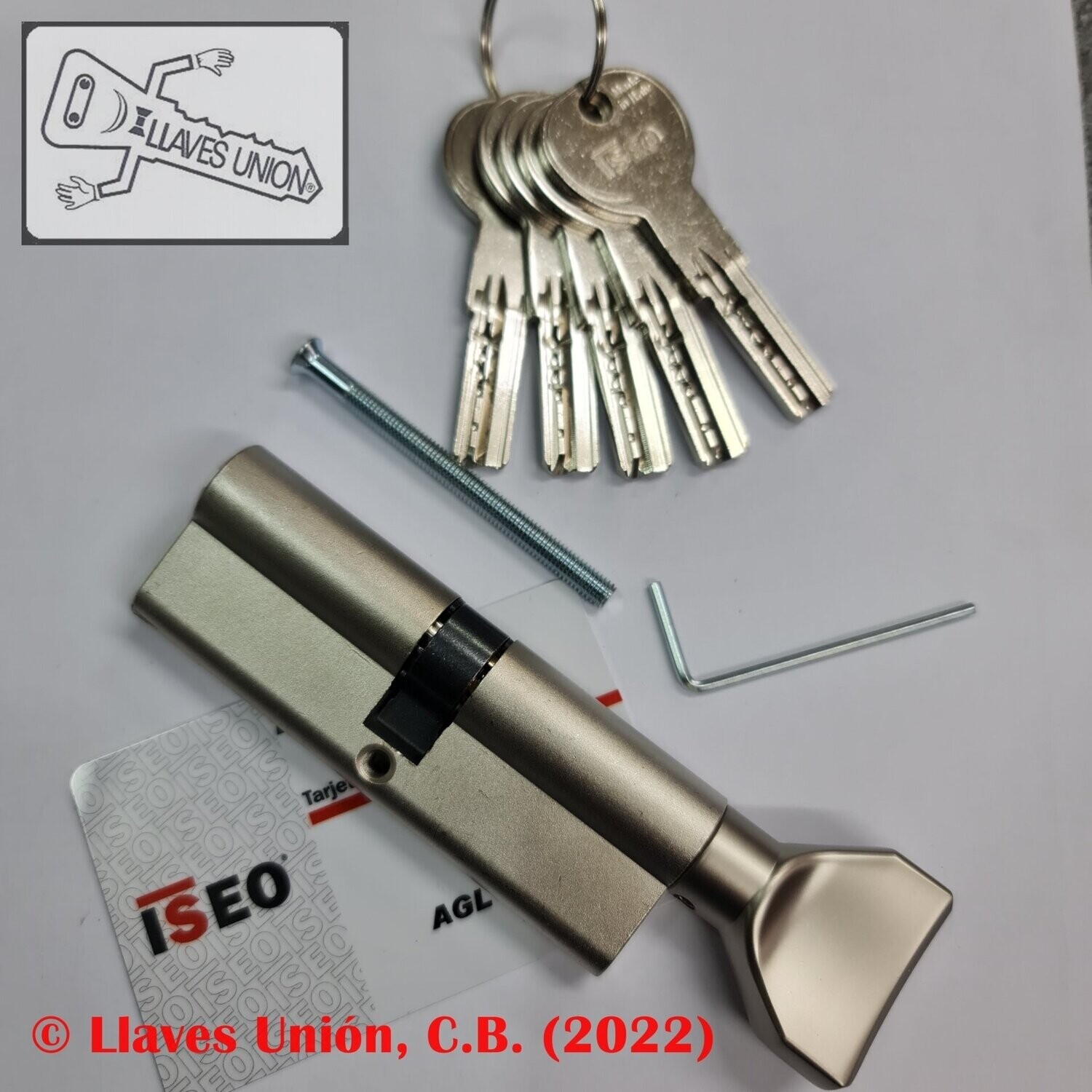 Cilindro ISEO R6 45x45 mm. Niquelado. Llave Seguridad. Pomo 45. Leva Larga