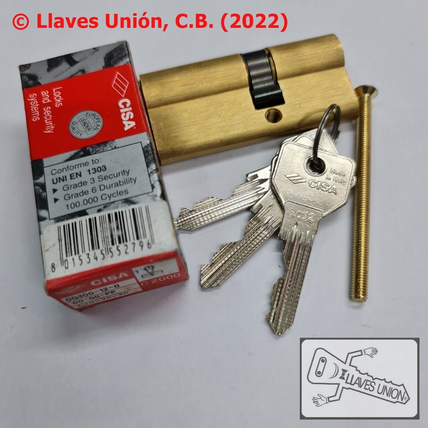 Cilindro CISA C2000 30x40 mm. Latonado. Llave Serreta Perfil R032. Leva Larga