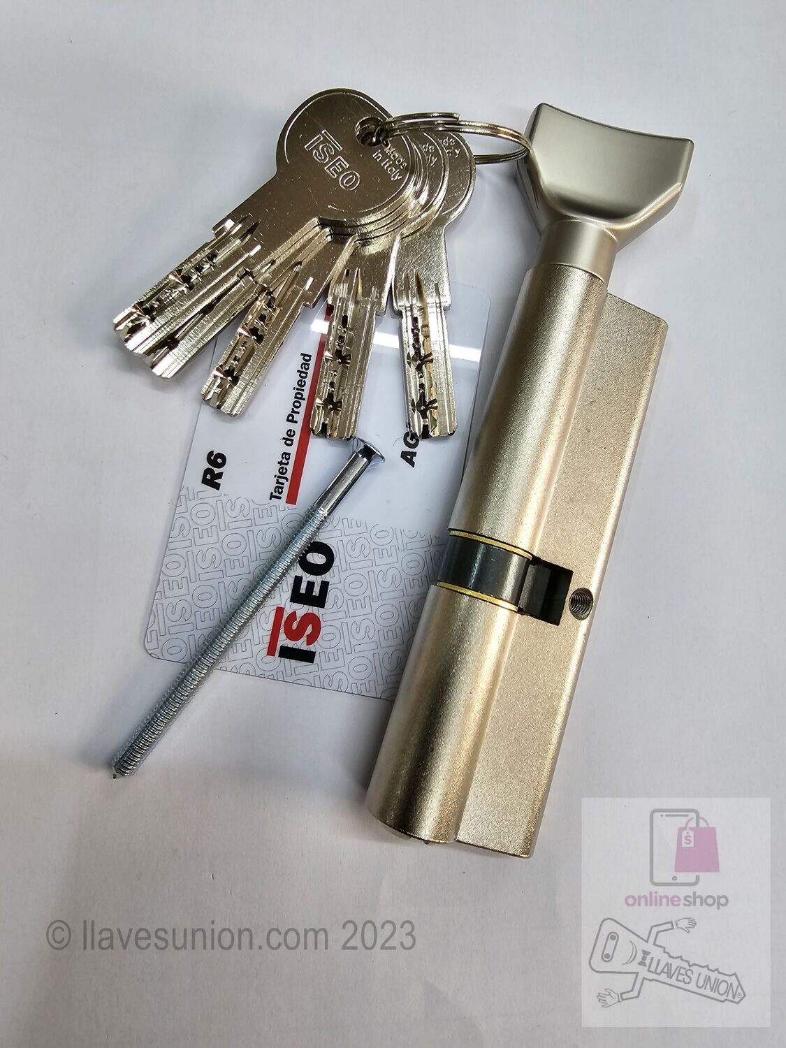 Cilindro ISEO R6 60x45 mm. Niquelado. Llave Seguridad. Pomo 60. Leva Larga