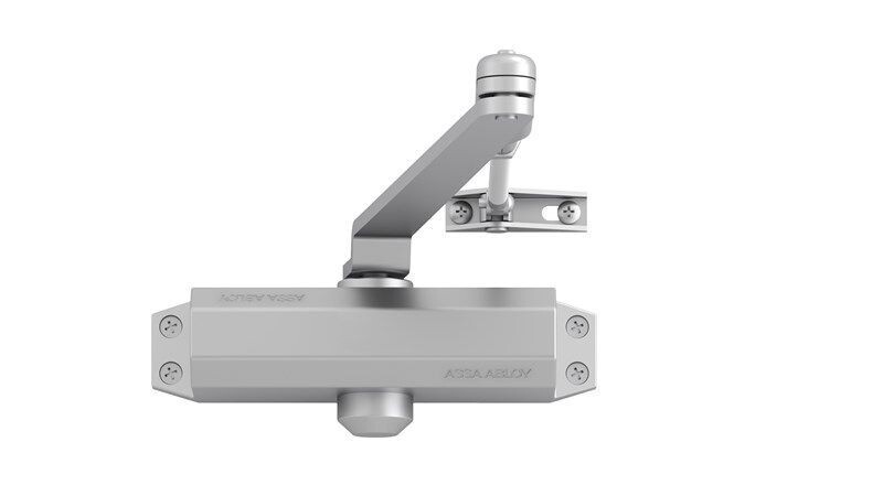 Cierrapuertas ASSA ABLOY DC110 PLATA de piñón-cremallera con brazo articulado